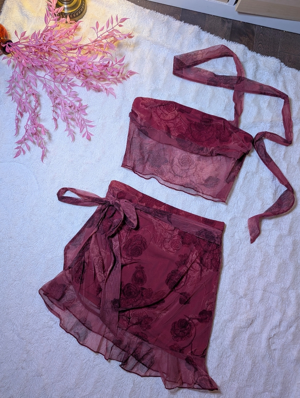 Cider Sheer Floral Two-Piece Set - Burgundy